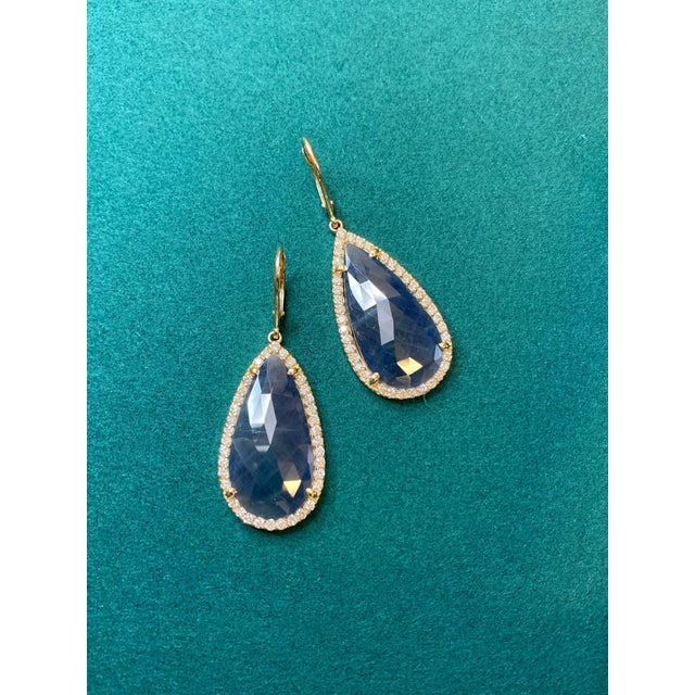 Blue Sapphire Pear Drop Faceted Cabochon Diamond Halo Drop 18k Gold Earrings, A Pair For Sale - Image 4 of 6
