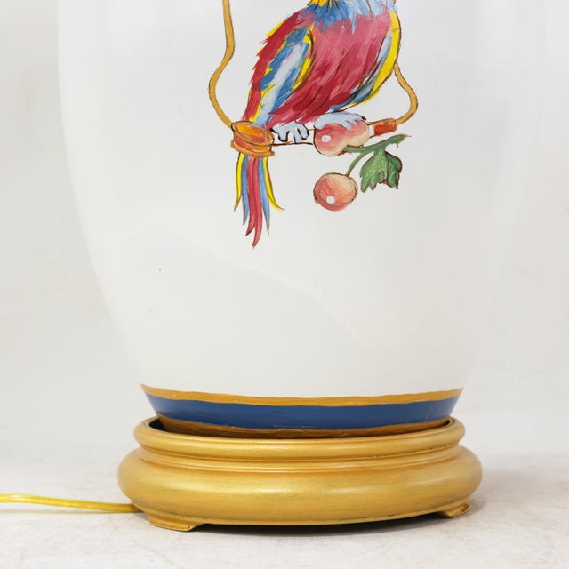 White Vintage Hand-Painted Ceramic Table Lamps With Chinoiserie Parrots and Cherry Motif - a Pair For Sale - Image 8 of 14