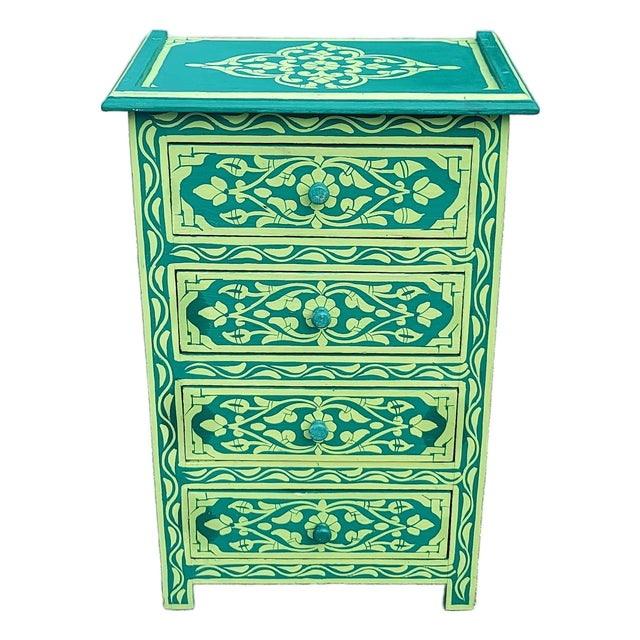 Hand‑Painted Moroccan Nightstand / Green Zoua9 Woodwork For Sale