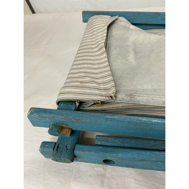 Blue Antique Folding Wood Sling Chair For Sale - Image 8 of 10