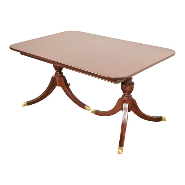 Baker Furniture Style Georgian Mahogany Double Pedestal Extension Dining Table, Newly Refinished For Sale
