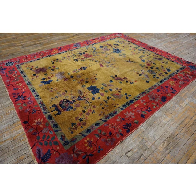 Saffron 1920s Saffron Yellow Floral Antique Chinese Art Deco Rug 8' 9" X11' 2" Knotted Wool Carpet For Sale - Image 8 of 9
