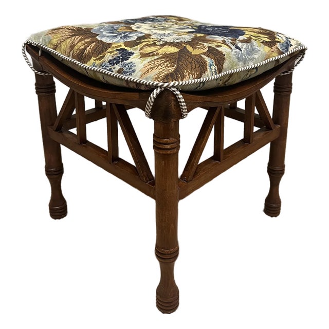 Walnut Pine Stool, Cord Seat + Pierre Frey "Mortefontaine" For Sale