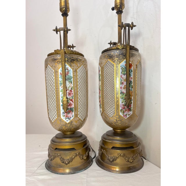 Pair of Large Antique Moser Bronze Mounted Cut to Clear Gilt Glass Table Lamps For Sale - Image 9 of 15