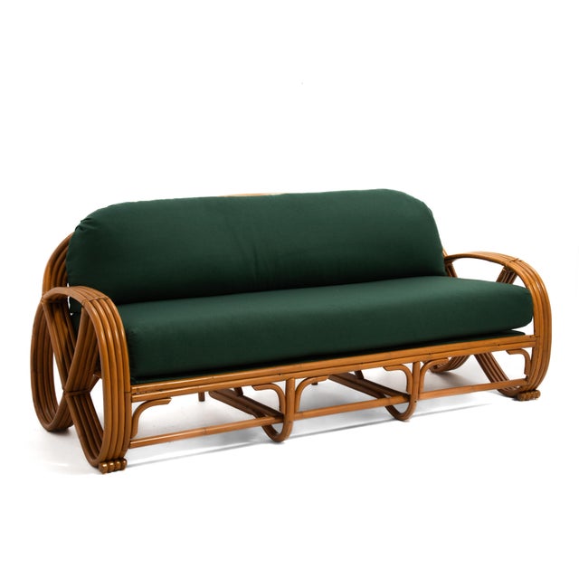 Wood Mid Century Pretzel Sofa Four Strand Pretzel Rattan Sofa After Paul Frankl Knoll Fabric For Sale - Image 7 of 14