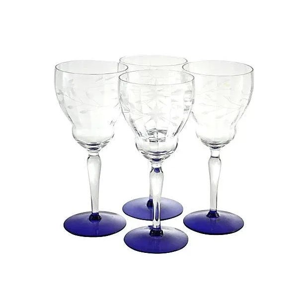 Art Deco 1920s Cobalt Cut-Crystal Stems - Set of 16 For Sale - Image 3 of 9