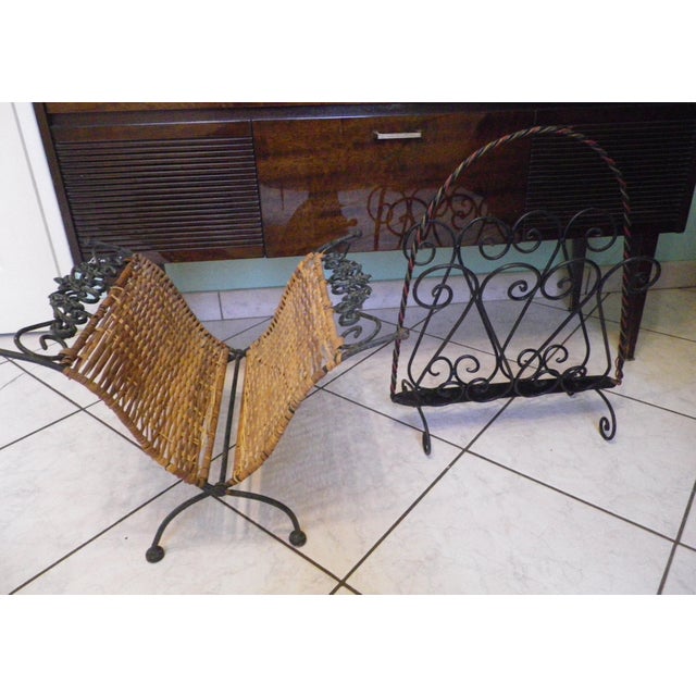 Set of 2 Magazine Racks - Vintage wrought iron and wicker magazine rack from the 1960s. Mid-century, bohemian, retro...