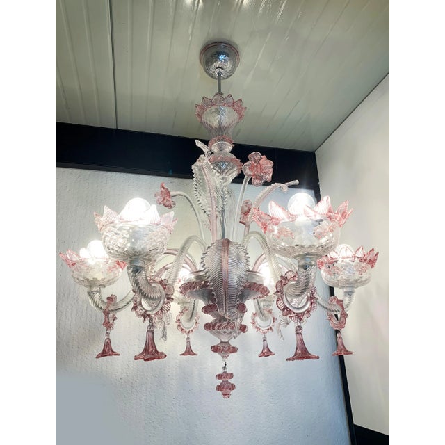 Pink Transparent and Pink Murano Style Glass Chandelier With Flowers and Leaves For Sale - Image 8 of 13