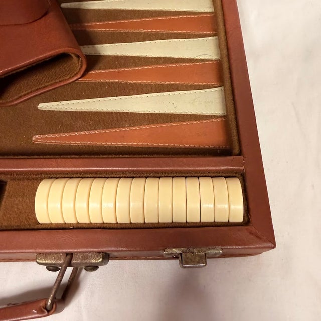 Vintage Backgammon Set Brown Faux Leather Travel Case Complete Game Dice MCM 70s Mid Century Modern Retro For Sale - Image 10 of 14