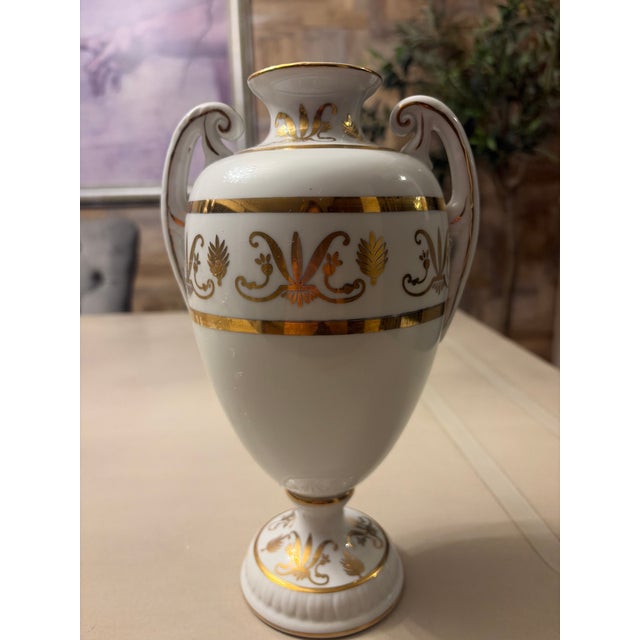 Mid 20th Century Vintage Neoclassical White Porcelain Urn With Gold Gilt & Twin Handles For Sale - Image 5 of 7