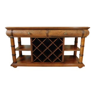 Contemporary Faux Bamboo Wicker & Wood Wine Rack Dry Bar Server Buffet For Sale
