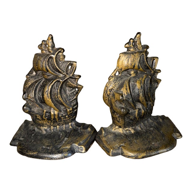 Vintage Cast Iron Spanish Galleon Sailing Ship Bookends - Matching Pair, Stamped 584, 1920s-1940s Nautical Decor For Sale