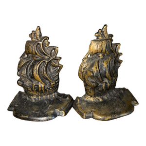 Vintage Cast Iron Spanish Galleon Sailing Ship Bookends - Matching Pair, Stamped 584, 1920s-1940s Nautical Decor