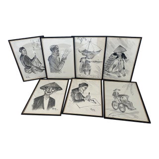 Set of 7 Original Vietnam Ink on Silk Drawings by Artist Beky For Sale