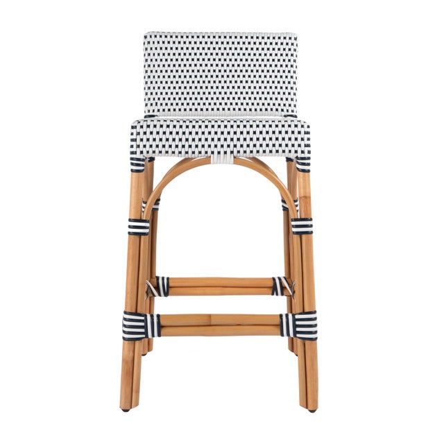 2020s Serienna 24.5 in. Seat Height Rectangular Rattan Low Back Counter Stool, White/Navy Dot / Natural Rattan Frame For Sale - Image 5 of 9
