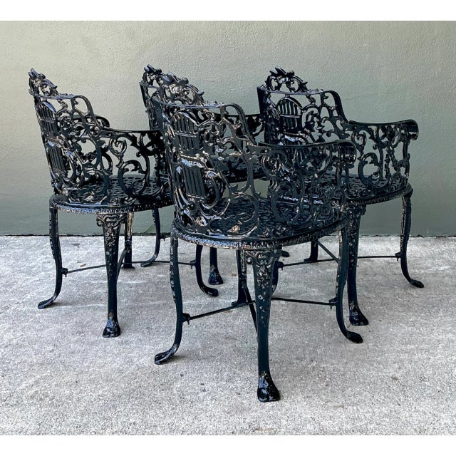 Metal Vintage Cast Aluminum Lyre Back Armchairs - Set of Four For Sale - Image 7 of 12