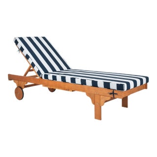 Contemporary Chaise Lounge Chair With Side Table in Natural & Navy & White For Sale