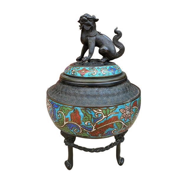 Metal Antique Meiji Japanese Bronze and Champlevé Polychrome Foo Dog Koro For Sale - Image 7 of 7