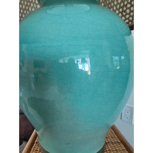 Ceramic 1970s Mid Century Modern Turquoise Pottery Lamp With Beaded Shade For Sale - Image 7 of 7