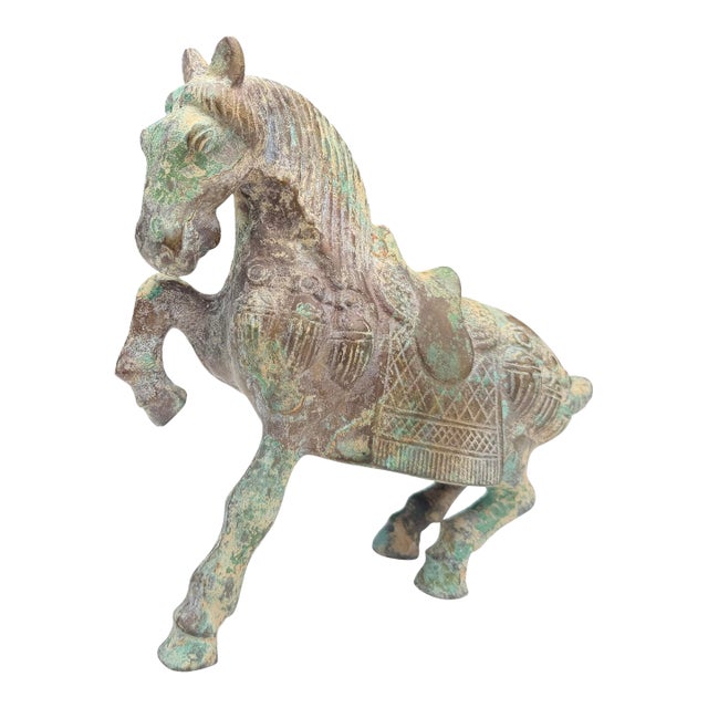 Vintage Bronze Asian Horse Sculpture With Natural Verdigris Patina For Sale