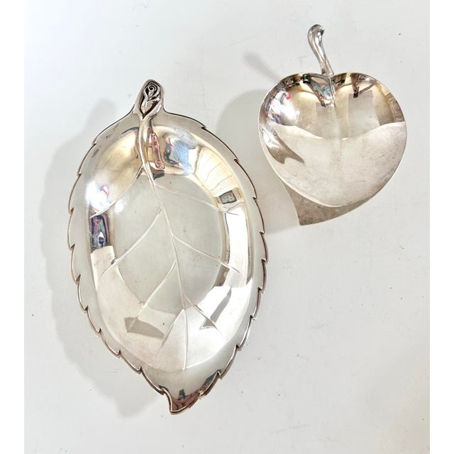Vintage mid century silverplate serving pieces featuring 2 sculptural leaf dishes by International Silver (1847 Rogers...