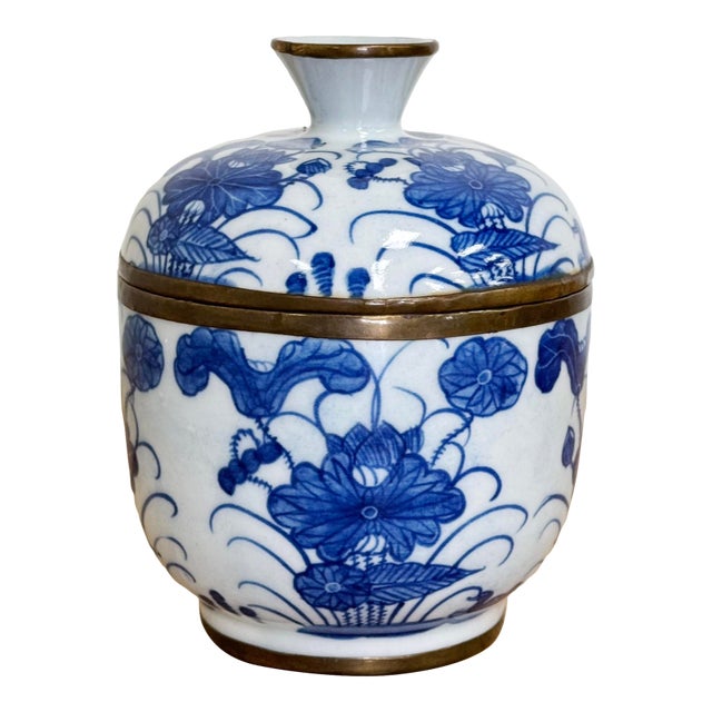 Vintage Porcelain Blue and White Floral Motif Lidded Jar For Sale