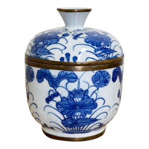 Vintage Porcelain Blue and White Floral Motif Lidded Jar