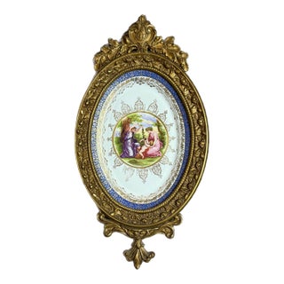 1960s Large Ornately Carved Gilt Framed 22kt Gold Classical Porcelain Plaque, Atlas International For Sale