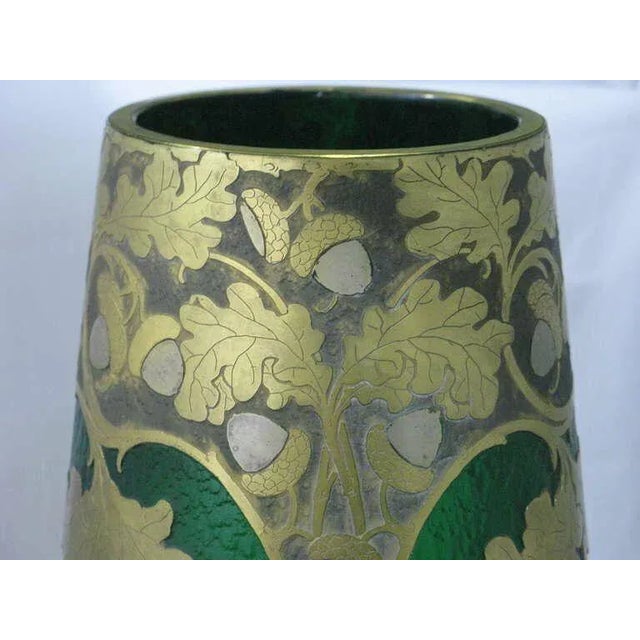Emerald 1890 Art Nouveau Grand Exhibition Magnificent Green Glass & Etched Gold & Silver Vase by Master f.t. Legras,Saint-Denis 20” Ht For Sale - Image 8 of 10