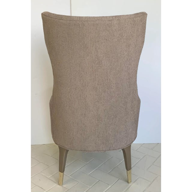 Original Retail $9600, stylish Caracole Couture Taupe Chenille Custom Perfect Chairs Pair, taupe wood legs with brass...