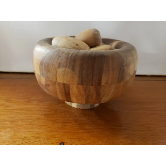 Handmade Short Wooden Pedestal Bowl With Six Wooden Eggs For Sale - Image 4 of 7