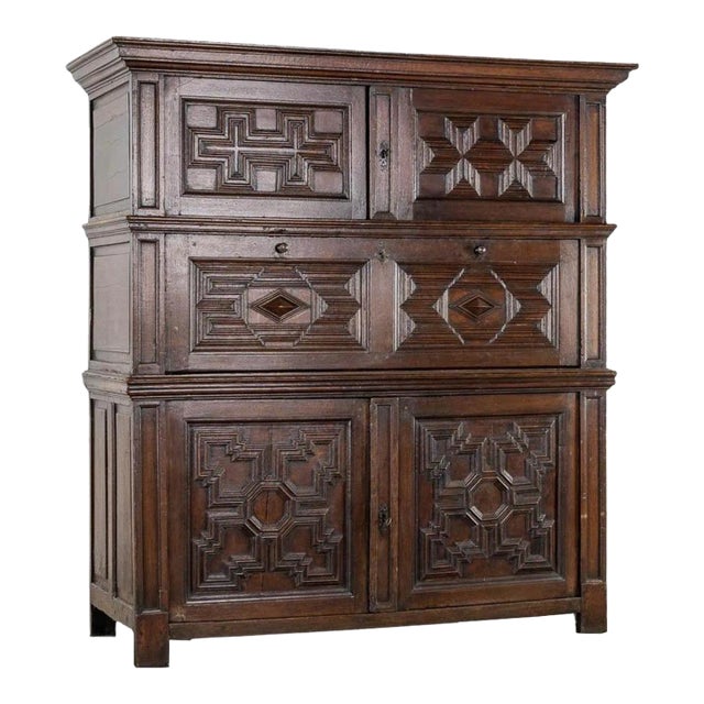 An Impressive Early 18th Century Dutch Oak Geometric Kussen Cabinet With Integral Secretaire For Sale