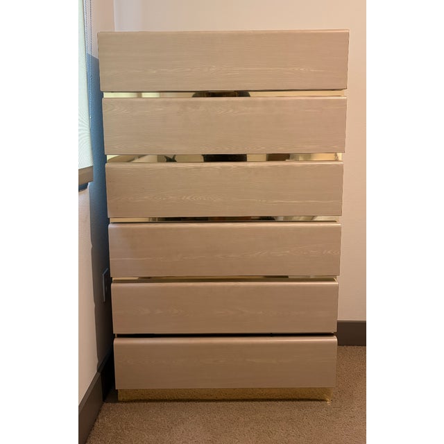 1980s Rare Architectural Postmodern Tall 5 Drawer Chest With Brass Inlay Mirrored Accents, C. 1980s, Mahey Inspired For Sale - Image 5 of 8