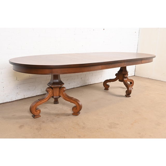 Thomasville Thomasville Regency Walnut and Burl Wood Double Pedestal Extension Dining Table, Newly Refinished For Sale - Image 4 of 13