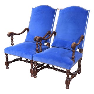 Pair of 19th Century French Louis XIII Walnut High-Back Armchairs With Velvet For Sale