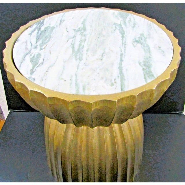 Contemporary Currey & Company Rasi Antique Brass Marble Top Accent Table or Stool For Sale - Image 3 of 9