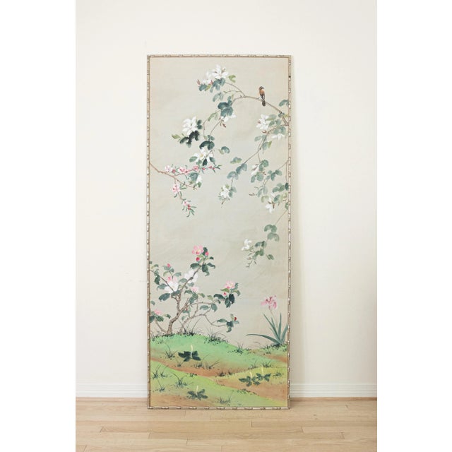 Plastic Hand Painted Gracie Wallpaper Panel in Silvered Bamboo Frame For Sale - Image 7 of 7