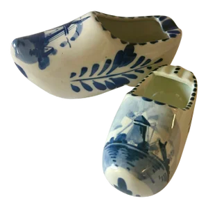 Mid 20th Century Delft Hand Painted Blue and White Ceramic Mini Clogs, Set of Two