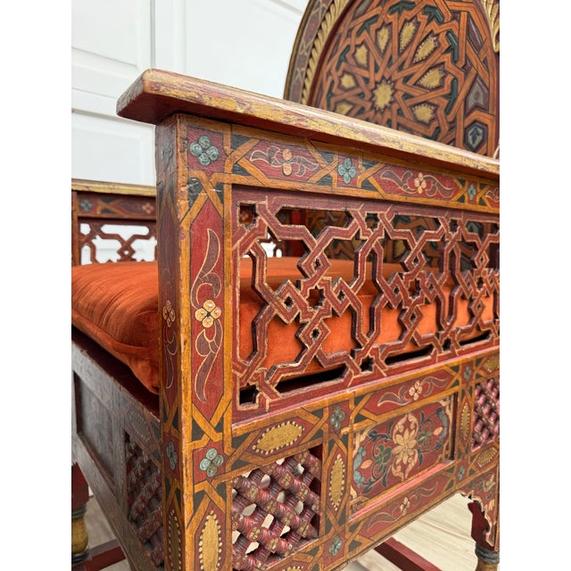 Vintage Moroccan Hand-Painted Carved Wood Throne Chairs - Pair For Sale - Image 14 of 18