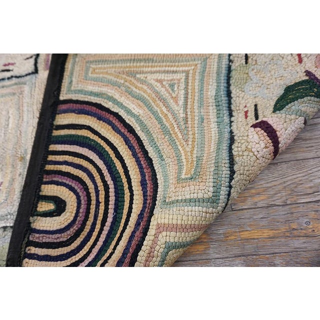 Nice Tan-Beige Background With Prominent Circles Black Geometric Design Antique American Hooked Rug For Sale - Image 11 of 13