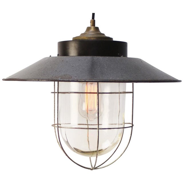 1950s Industrial Gray Enamel Pendant Light with Bakelite Brass Top For Sale - Image 5 of 6