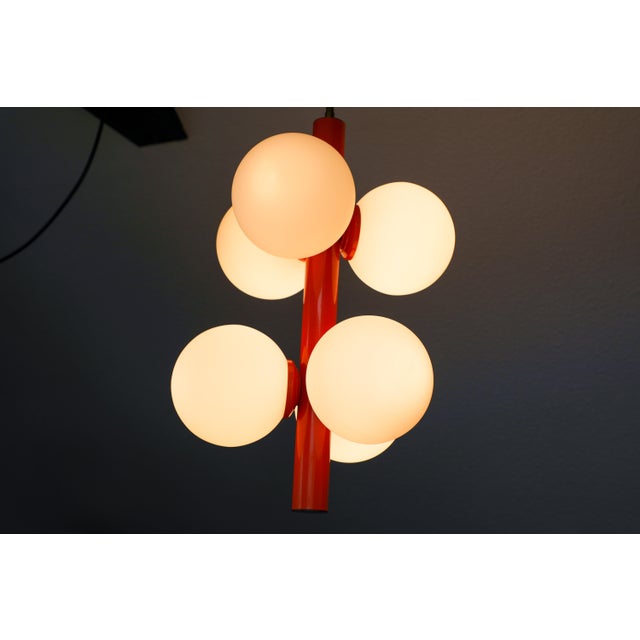 Atomic Sputnik Pendant Light with Orange Rod and White Opaline Globes from Kaiser-Leuchten, 1970s For Sale - Image 13 of 18