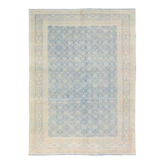 Antique Persian Tabriz Handmade Floral Pattern Blue Wool Rug For Sale