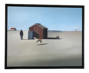 "The Walker" Contemporary Figurative Minimalist Landscape Oil Painting, Framed
