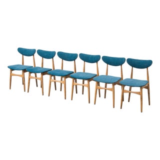 Wooden and Blue Fabric Chairs, 1960s, Set of 6 For Sale