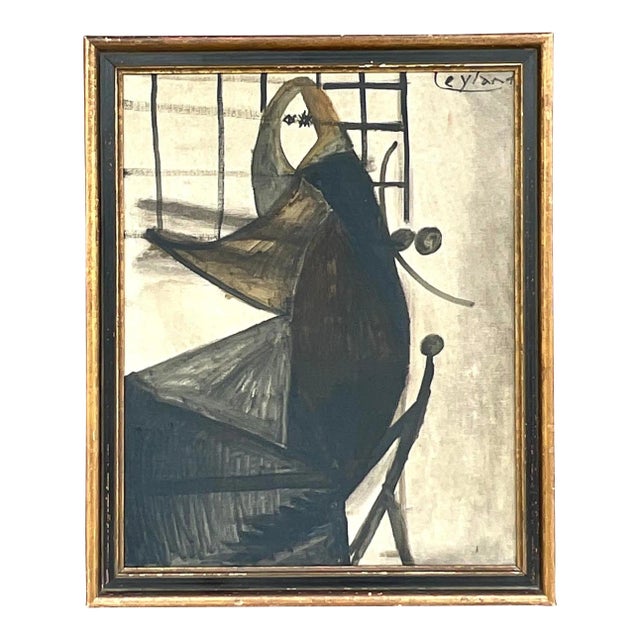 Vintage Boho Original Oil Portrait on Board For Sale