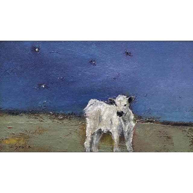 Starry Sky by Elsa Sroka | Oil on Panel Painting of a white calf under a starry sky For Sale