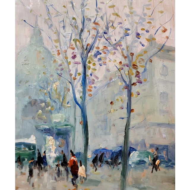 1950s Merio Ameglio -1950s Foggy Paris Street Scene by Saint-Augustin Church-Oil Painting For Sale - Image 5 of 9
