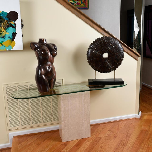 Maitland-Smith Style Brass and Glass Travertine Stone Pedestal Console Table For Sale - Image 6 of 11