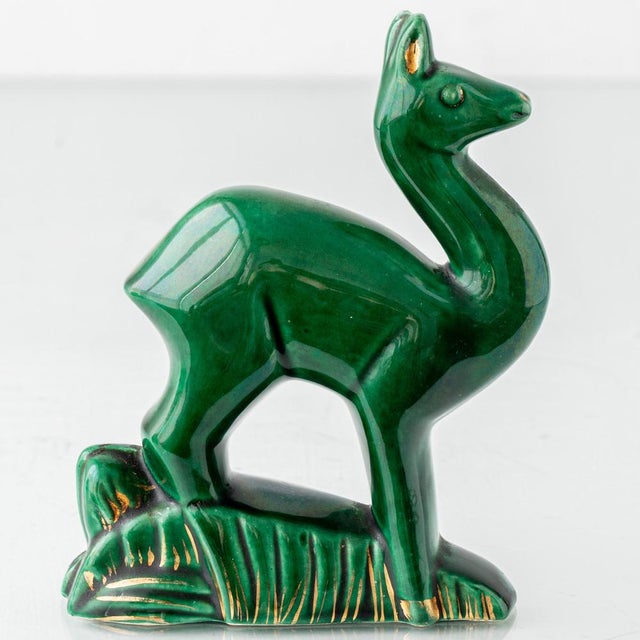 Art Deco Saint-Clément Emerald Green Ceramic Deer Sculpture by Charles Lemanceau, France, 1930s For Sale - Image 4 of 10